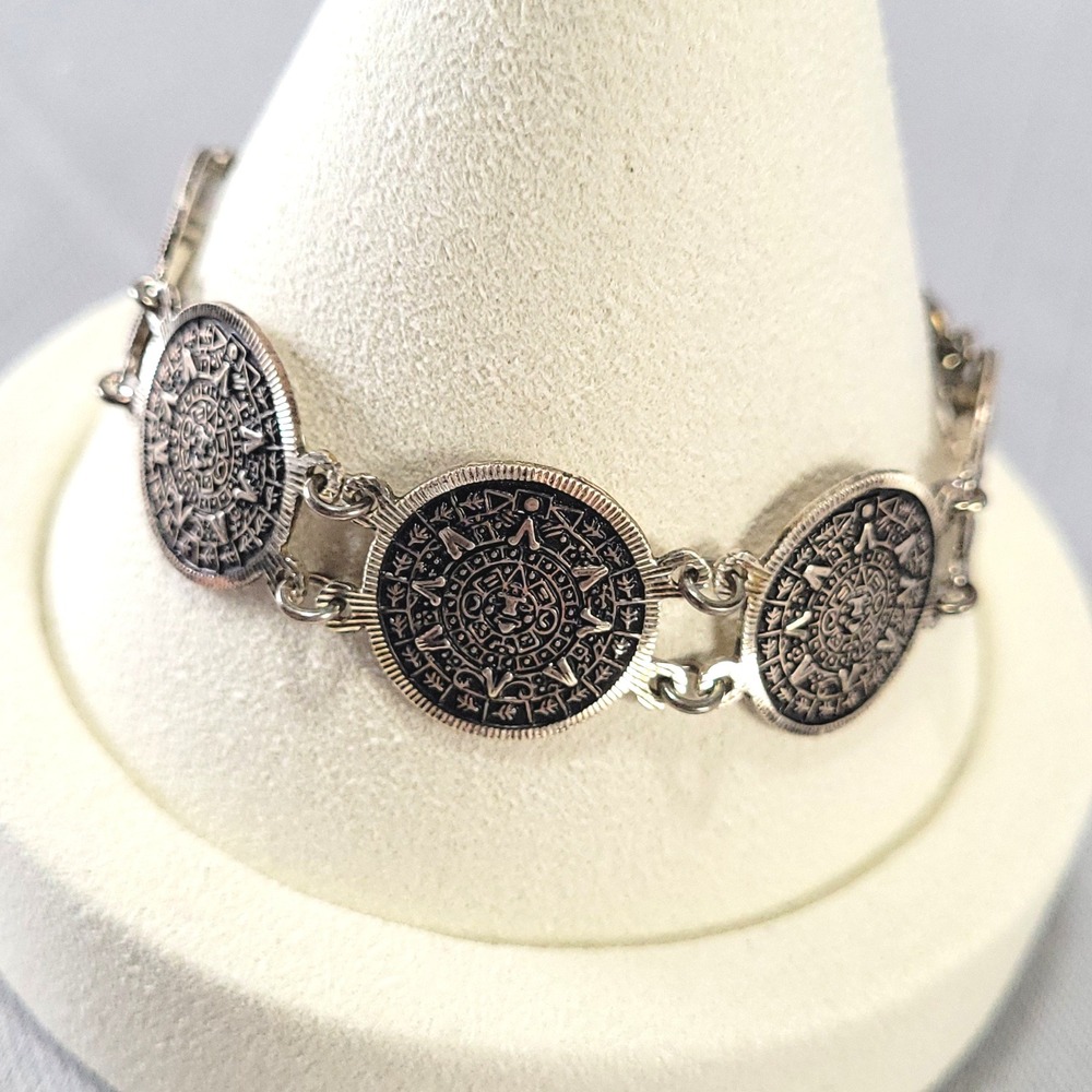 Escorcia Taxco Mexico Aztec Calendar Link Bracelet 950 Sterling SilverTR-120